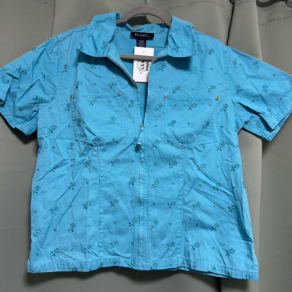 Denim&Co Light Blue Embroidered Zip-Up Shirt